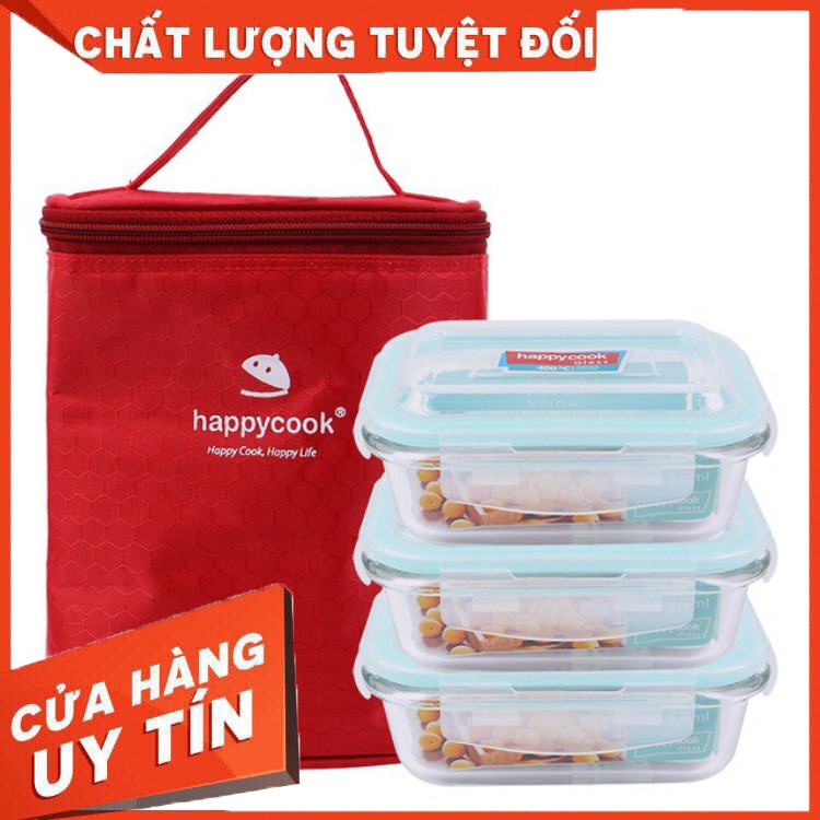 HÀNG CAO CẤP -  Bộ 3 Hộp Thủy Tinh Happy Cook Chữ Nhật 370ml Kèm Túi Giữ Nhiệt Glass HCG-03R  - Hàng Cao Cấp