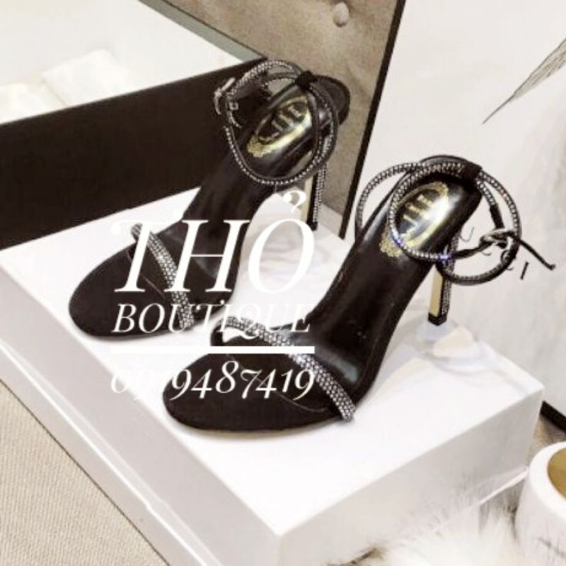 Giày sandal cao gót Re.ne Cao.villa xuất Âu xịn da lộn đen, hồng, đỏ đô dây mảnh đính đá 7cm size 35 36 37 38