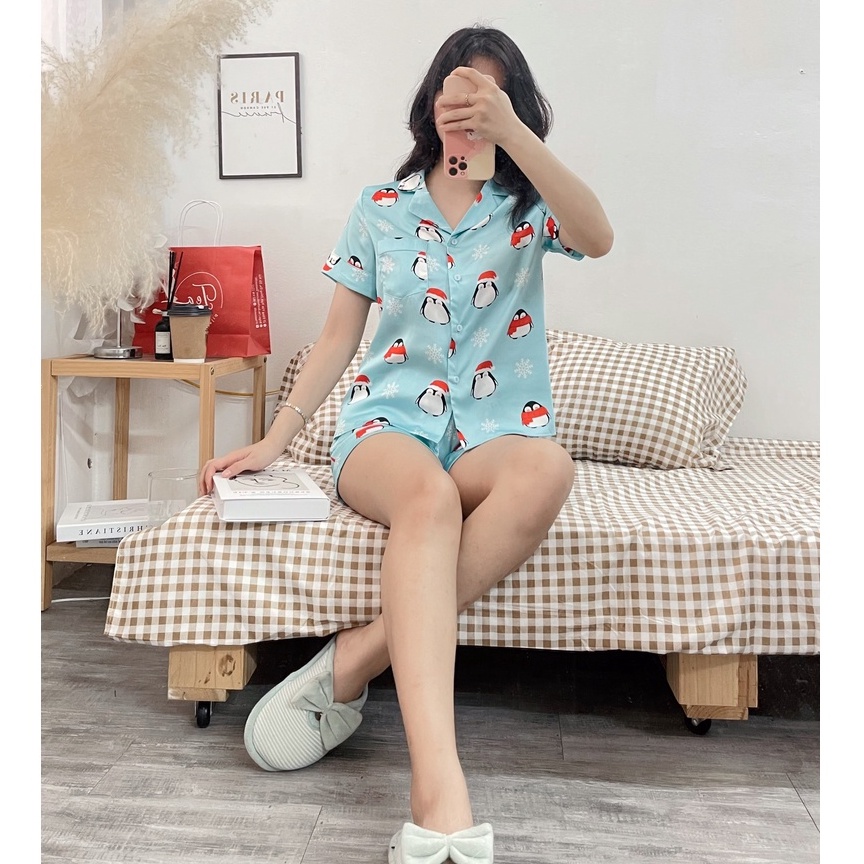 Bộ Mặc Nhà Pyjama Lụa Cộc Tea Store Họa Tiết Chim Cánh Cụt Màu Xanh