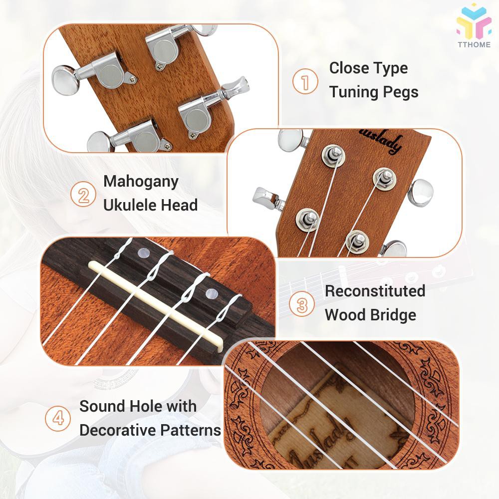 Đàn ukulele Soprano 21" bằng gỗ kèm dụng cụ kẹp lên dây đàn và bao đựng bằng vải