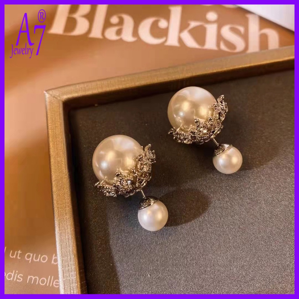 A7| Bông Tai Mạ Bạc 925 Đính Ngọc Trai Hai Mặt Sang Trọng Cho Nữ X4Y35