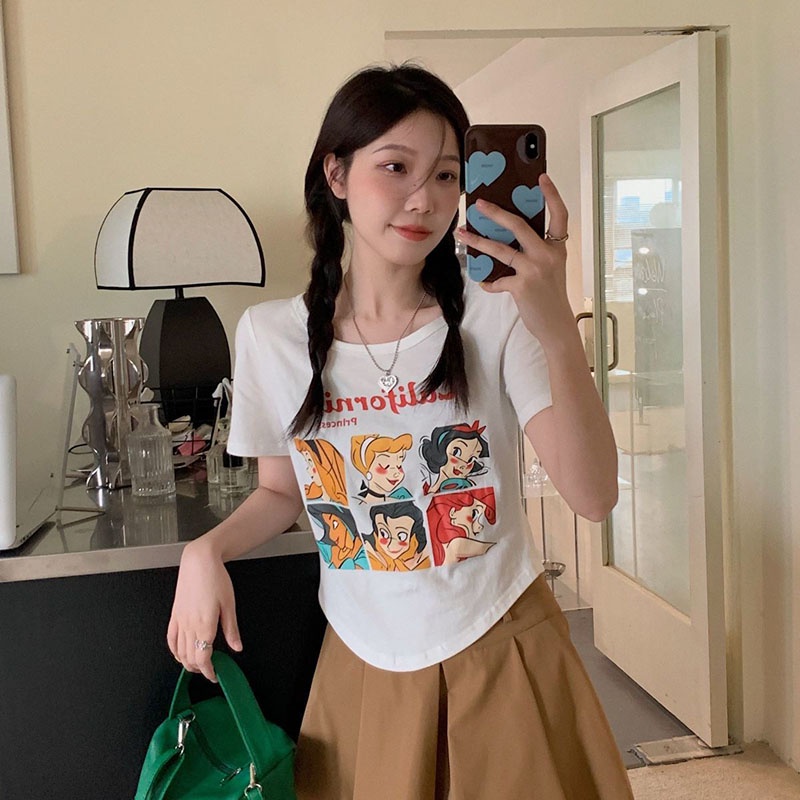 IELGY Áo Thun Tay Ngắn Hở Vai In Họa Tiết Hoạt Hình Màu Trơn Thời Trang Cho Nữ