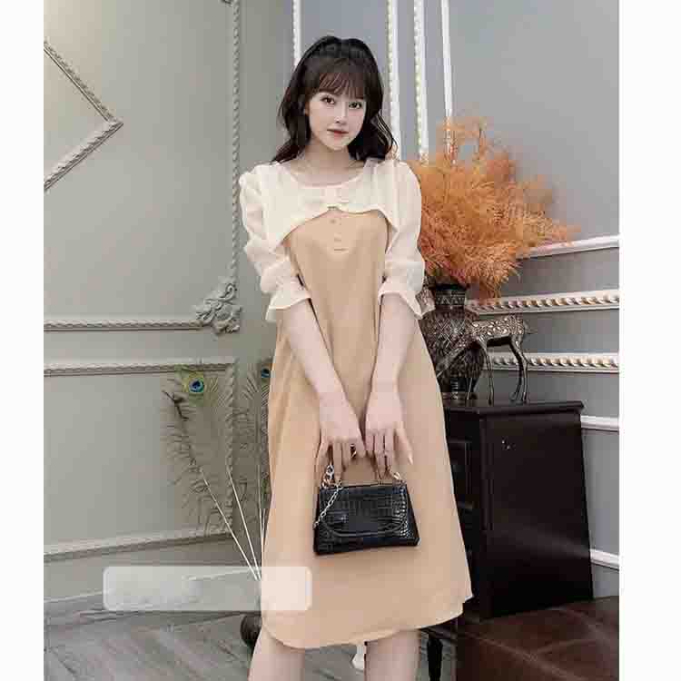 Đầm suông cổ nơ tay lỡ Váy dáng dài phối voan tiểu thư