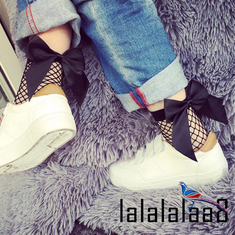 Ll8-nữ Ruffle Nơ Fishnet Đến Mắt Cá Chân Tất Cao Lưới Ren Cá Tất Ngắn