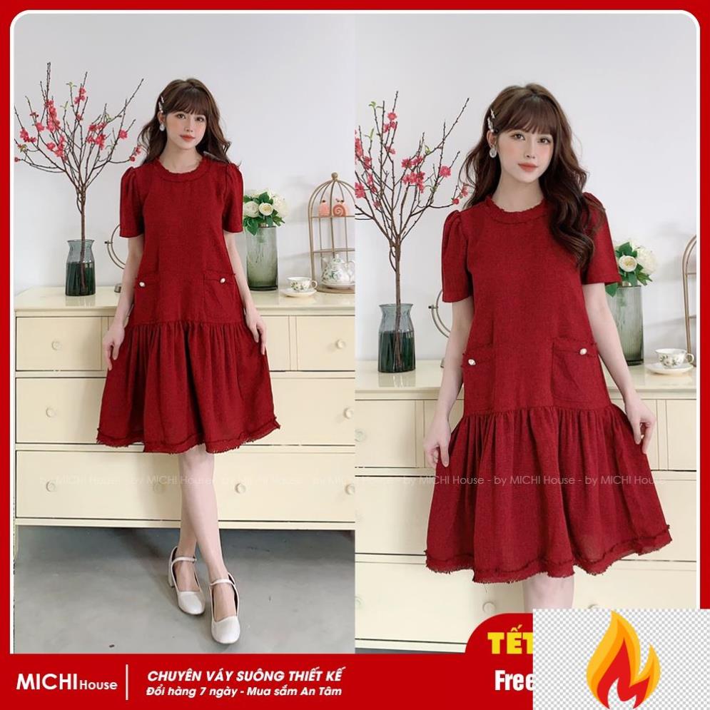 Đầm Dáng Suông Dạ xước Freesize V71 MICHI House Thiết kế Phom Xuông Rộng Ngắn Tay Kèm Túi Trước Váy Bầu Xinh -IH*)(