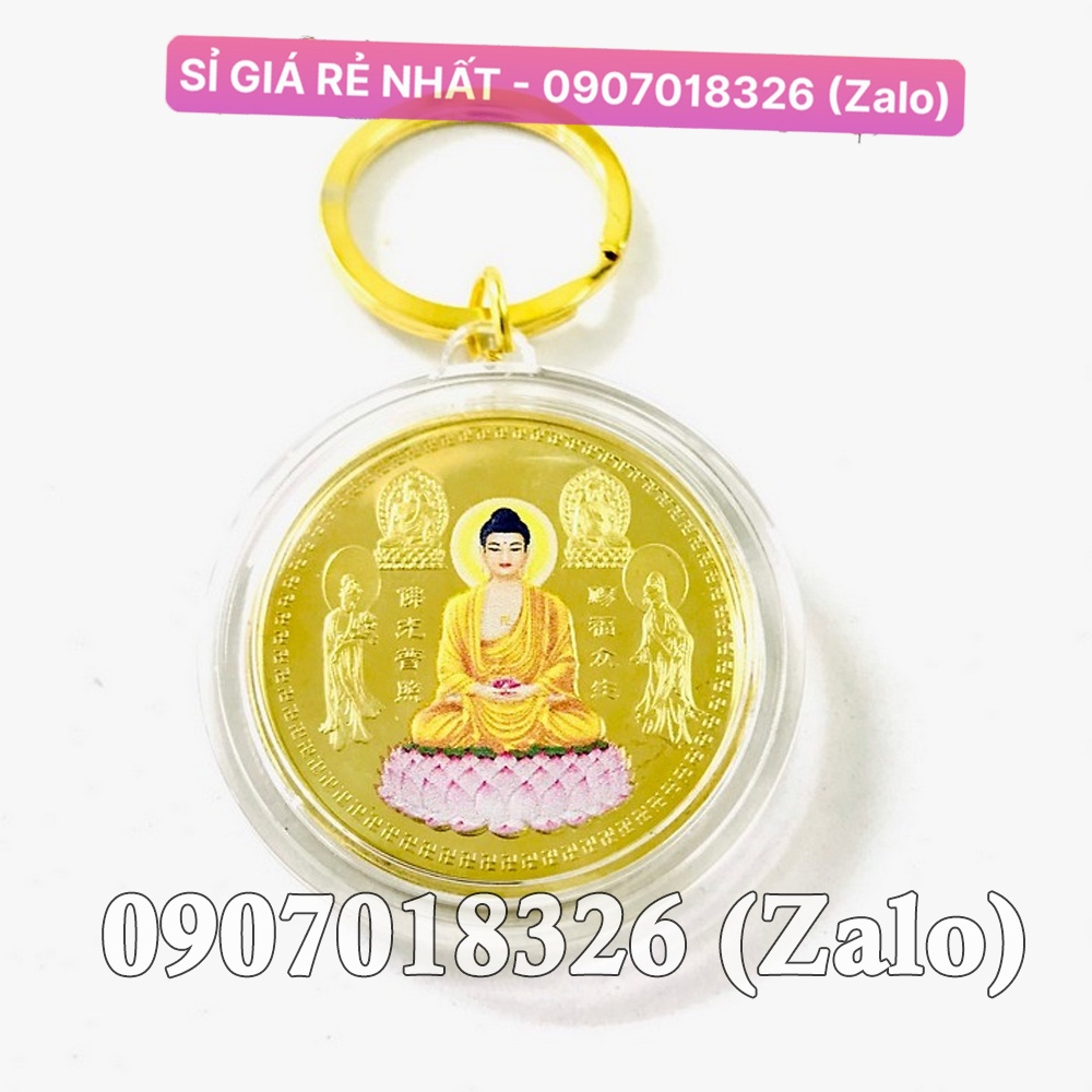 Đồng Xu Đức Phật Tổ Như Lai Và Các Vị Bồ Tát In Màu Thuỷ May Mắn, tặng túi gấm đỏ