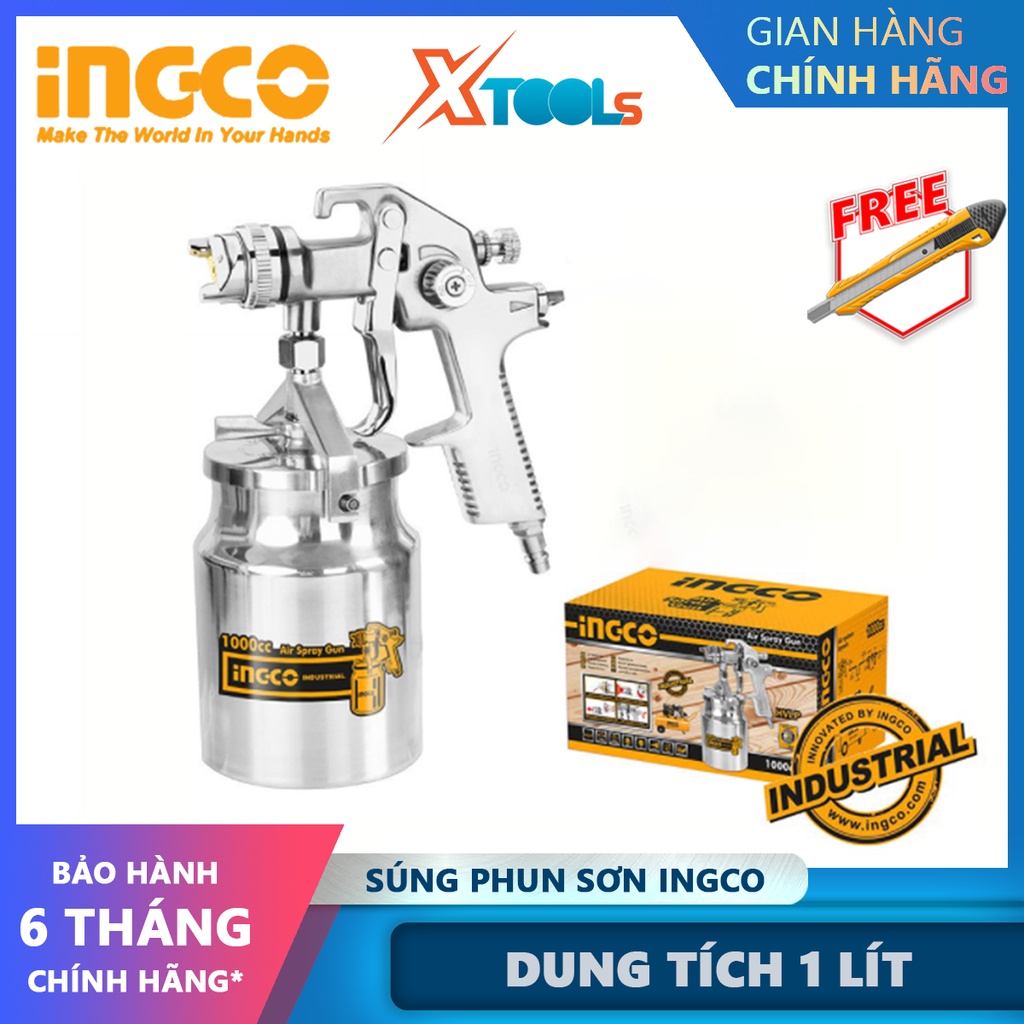 Súng phun sơn INGCO ASG2101 | máy phun sơn Đầu phun tiêu chuẩn 1.4mm, Dung tích bình sơn 1000cc phun sơn gỗ, sơn ô tô, n