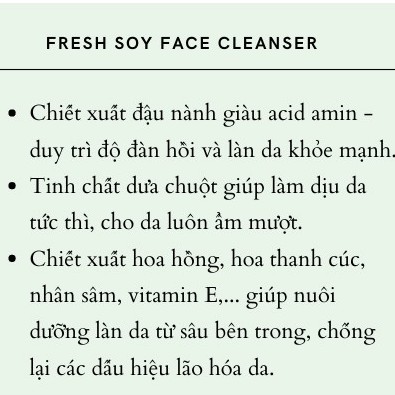 ❤️GIÁ TRẢI NGHIỆM ❤️ Sữa Rửa Mặt Fresh Soy Face Cleanser 150ml. Làm mềm và giúp da có vẻ ngoài bóng khoẻ