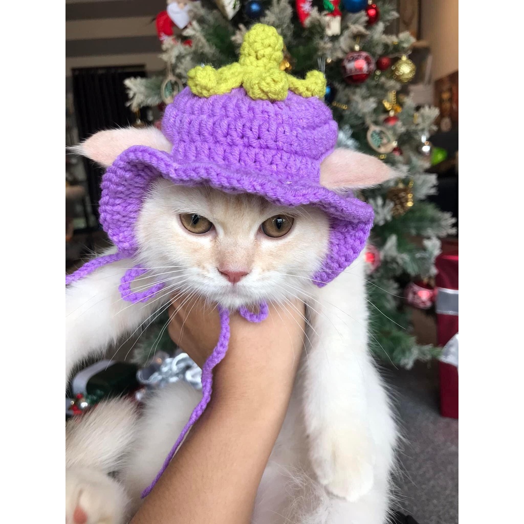 Nón/mũ móc len cho chó mèo cosplay cà tím