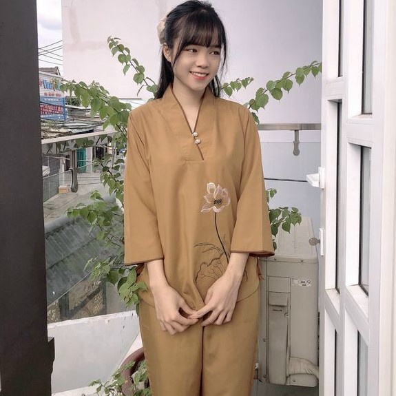 Quần Áo nữ Phật Tử, đồ lam Đi Chùa mẫu NÚT NGỌC mã A11