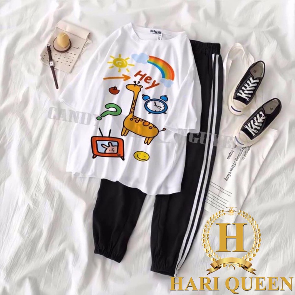 Sét áo phông hình cute và quần 2 sọc bo gấu đen HARI