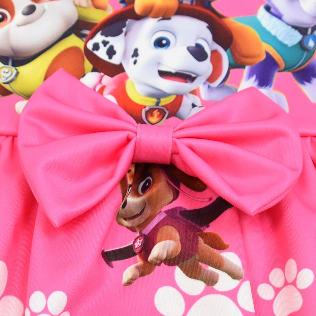 Đầm sát nách đính nơ màu hồng in hình hoạt hình Paw Patrol thời trang dự tiệc hóa trang cho bé gái