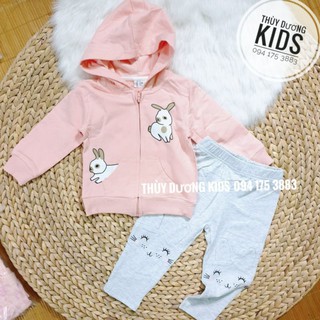 Bộ nỉ Hm xuất thỏ hồng kéo khóa có mũ cho bé gái