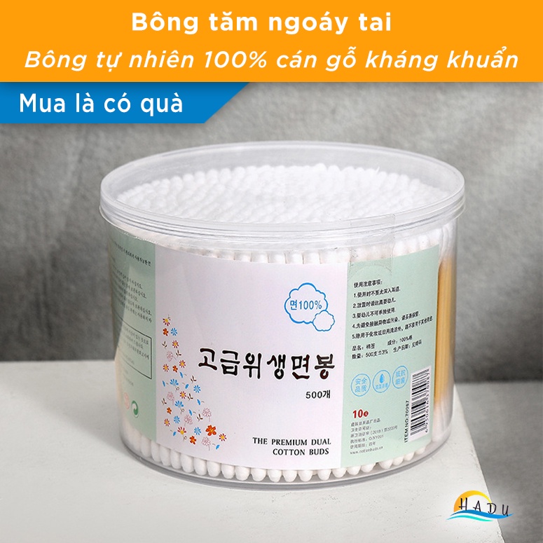 Bông ngoáy tai người lớn thân gỗ hộp 500 chiếc tay cầm gỗ bông tự nhiên tinh khiết an toàn sức khỏe HADU