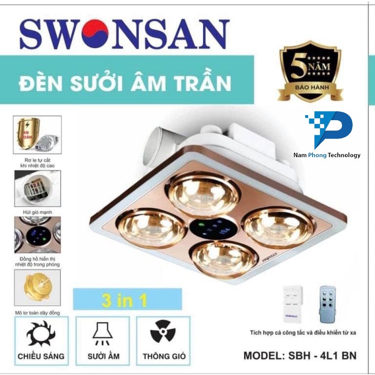 ĐÈN SƯỞI NHÀ TẮM SWONSAN 4 BÓNG ÂM TRẦN 4L1BN CÓ CÔNG TẮC ON/OFF &amp; ĐIỀU KHIỂN TỪ XA - TIẾT KIỆM ĐIỆN NĂNG