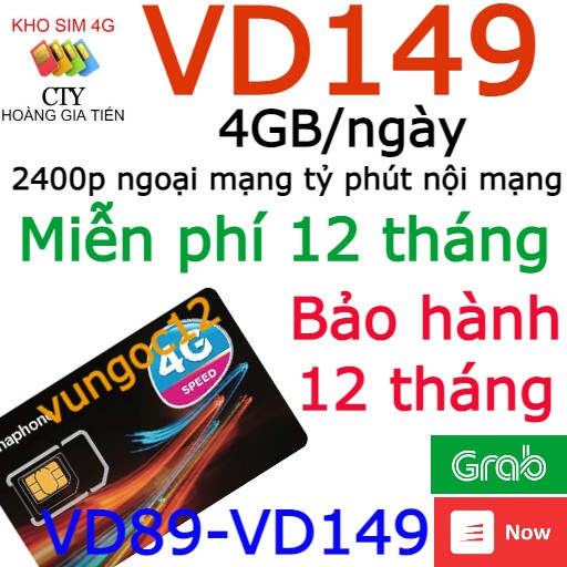 SIM 4G VINA VD149 4GB/NGÀY VD89 KM 2GB/NGÀY 12THÁNG MIỄN PHÍ GỌI VÀ DATA