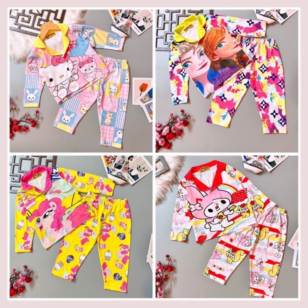 Đồ bộ pijama dài tay bé gái thun lạnh 3D co giãn 4 chiều mặc nhà mặc ngủ in hình dễ thương 22-44kg