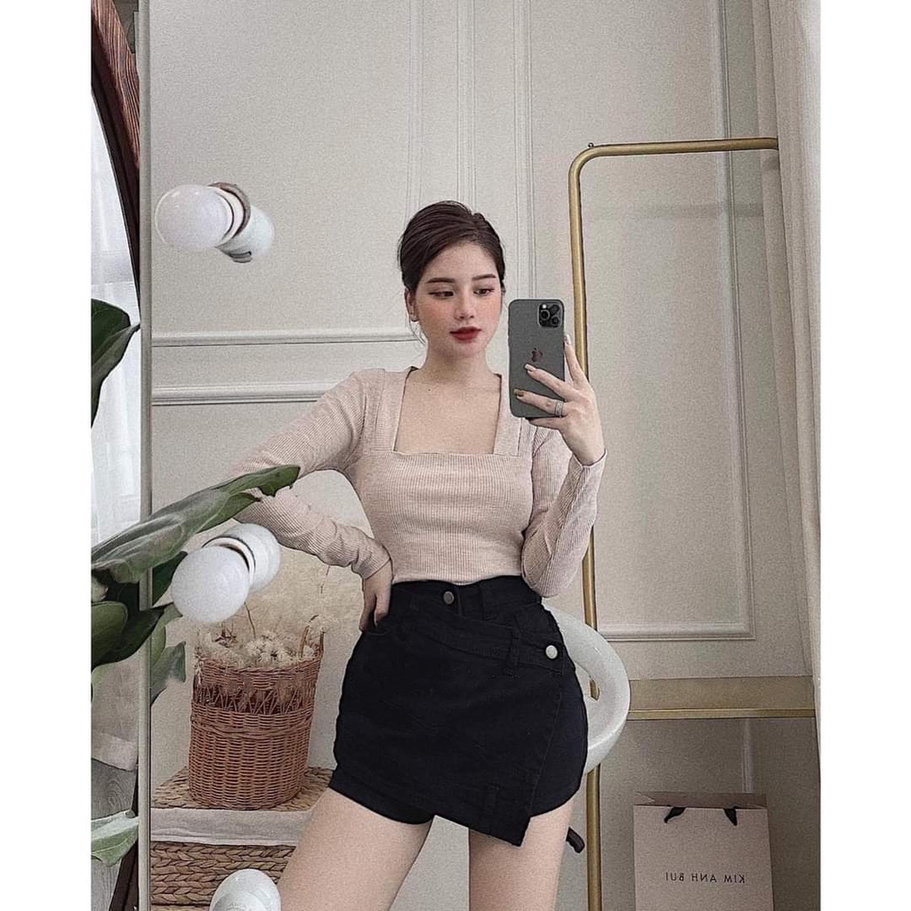 [ÁO KIỂU] Áo Thun Tăm Nữ Tay Dài Cổ Vuông, Cotton Ôm Body Mix Chân Váy Quần Siêu Xinh