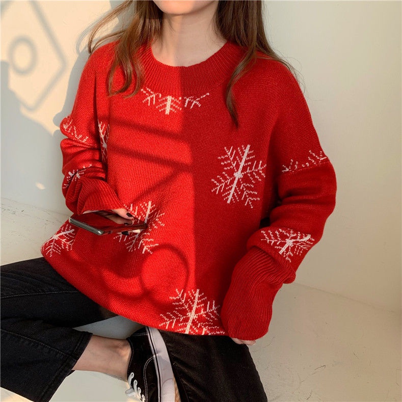 Áo Len Màu Đỏ Rộng Phong Cách Giáng Sinh Hàn Quốc