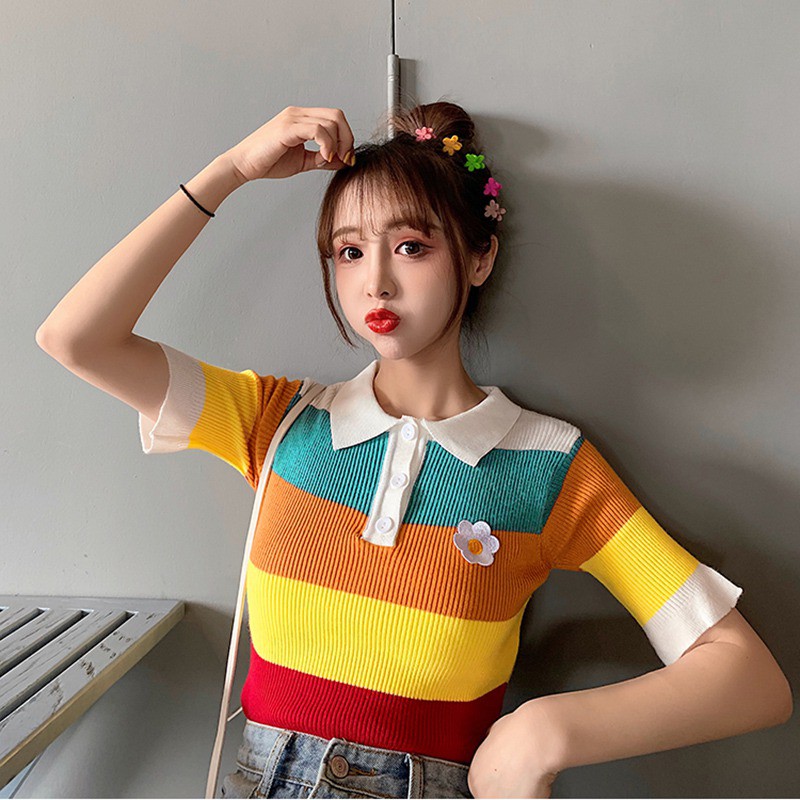 Áo thun polo nữ sọc ngang phối màu tương phản | BigBuy360 - bigbuy360.vn