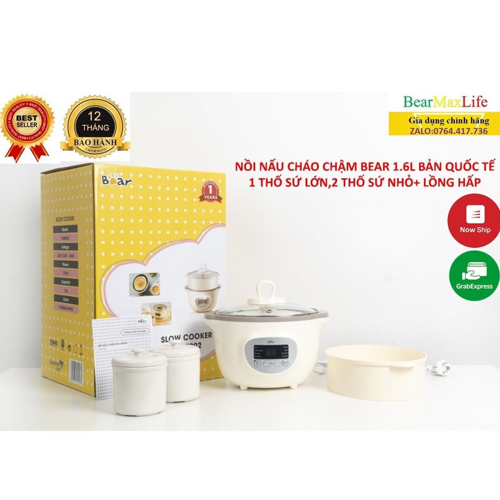 [Bản Quốc Tế]Nồi Nấu Cháo Chậm, Hầm, Ninh Cách Thủy Đa Năng Kèm Lồng Hấp Bear 1.6L (Bản Tiếng Anh)