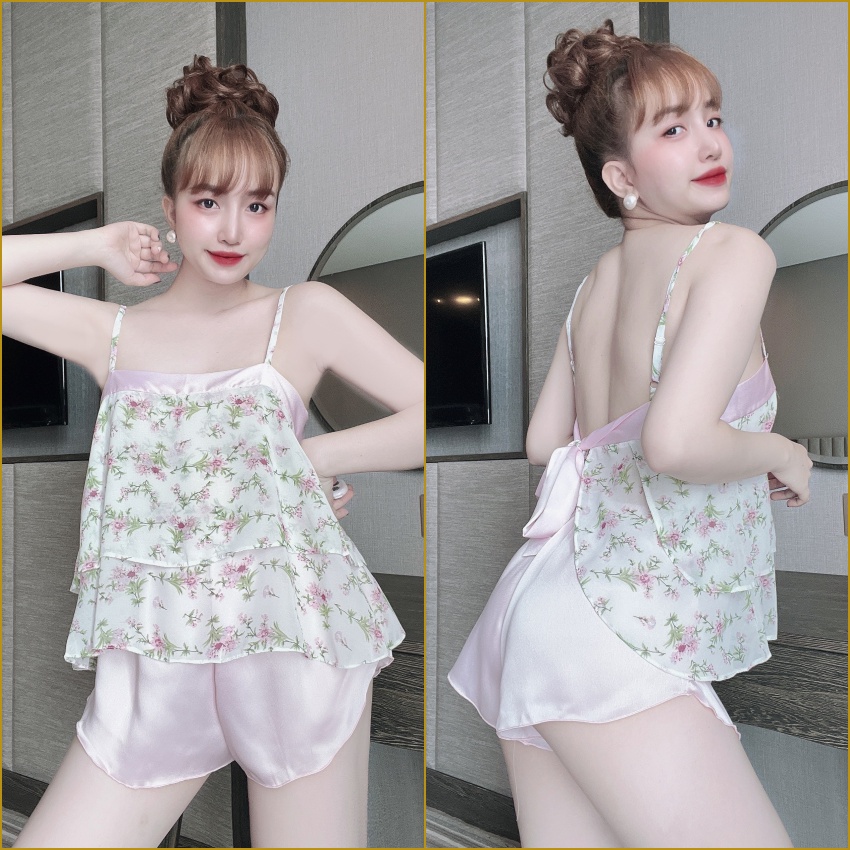 Bộ ngủ lụa 2 dây sexy TUTA ngực phối ren quần đùi lụa satin gợi cảm thoáng mát - dn030