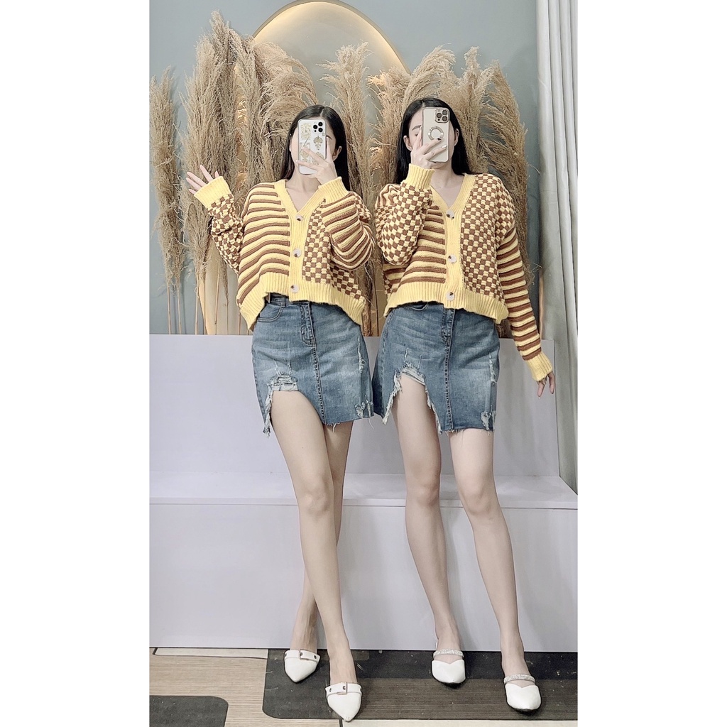 Áo khoác len vàng cadigan họa tiết  kẻ ngang pha kẻ ô style Hàn Quốc thời trang thu đông Trần Hân Shop  2005939