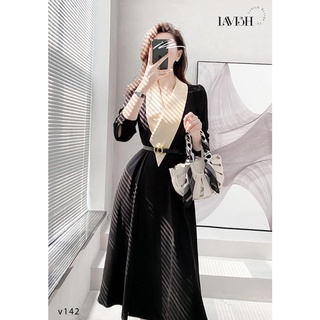 Đầm đen phối be cổ dáng dài kèm belt