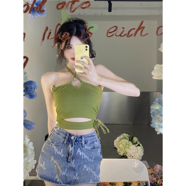 Áo Ống Ngắn Hai Dây Màu Xanh Lá Trơn Thời Trang Hàn Quốc Cho Nữ