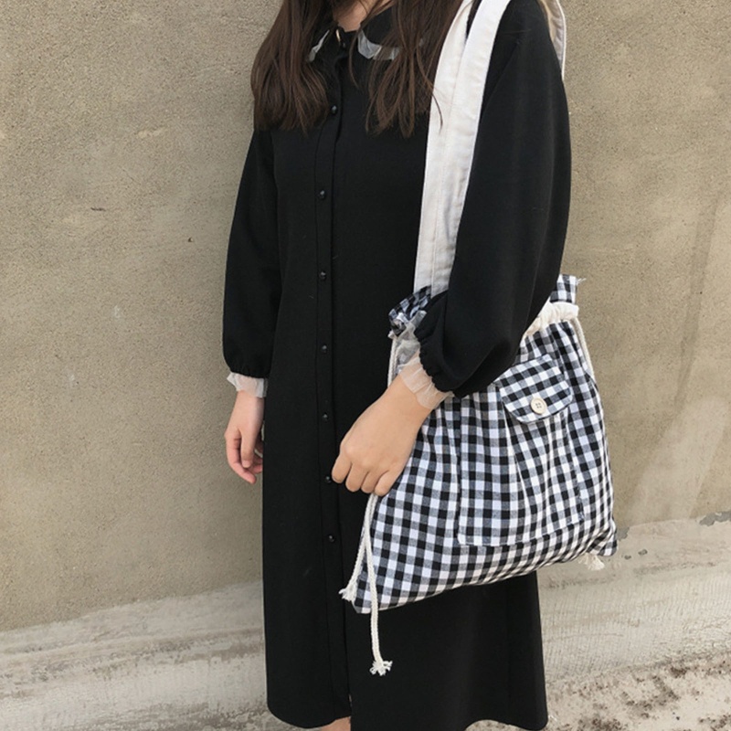 Túi tote đeo vai bằng vải canvas mềm sức chứa lớn có dây rút họa tiết sọc caro thời trang năng động