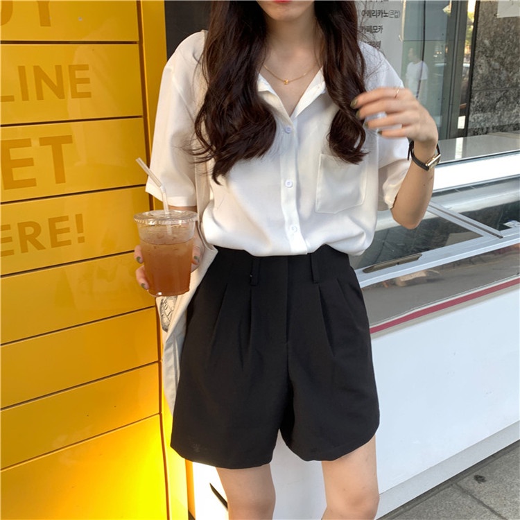 Áo Sơ Mi Tay Ngắn Dáng Rộng Màu Trơn Thiết Kế Mới Thời Trang Dành Cho Nữ