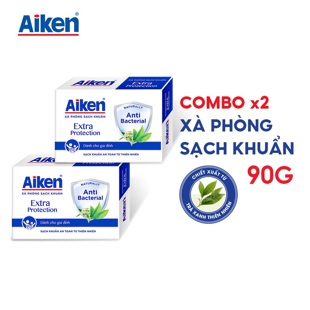 Aiken Combo 2 Xà Phòng Sạch Khuẩn Chiết Xuất Trà Xanh Thiên Nhiên 90G/hộp