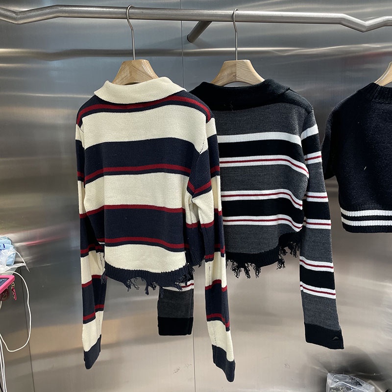 NUZIRO  Áo Len Cổ POLO Phối Tua Rua Họa Tiết Kẻ Sọc Màu Tương Phản Thời Trang Thu Đông Cho Nữ