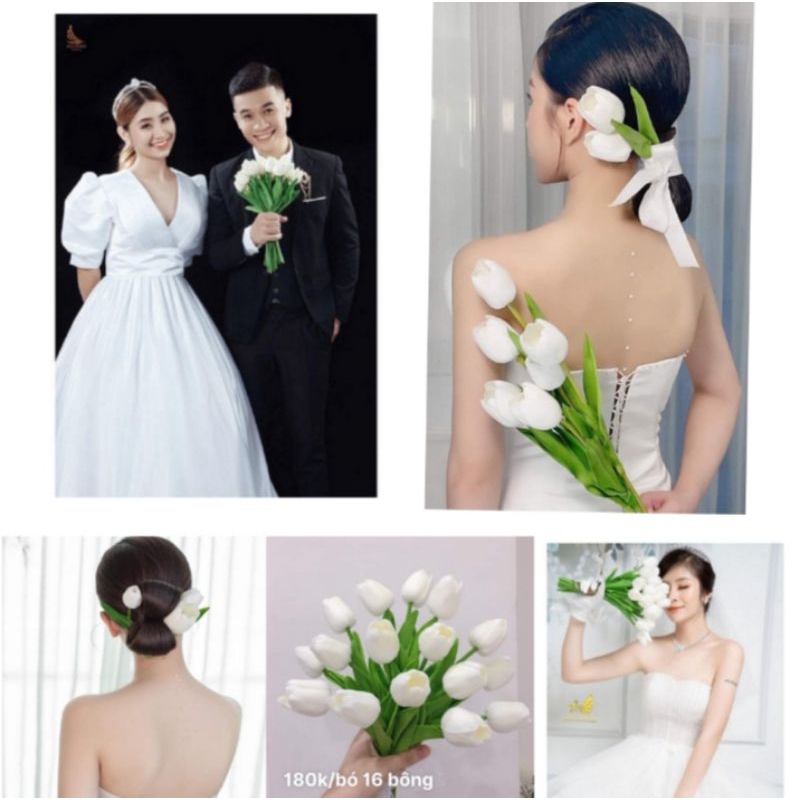 hoa cầm tay cô dâu tuylip trắng 16 bông