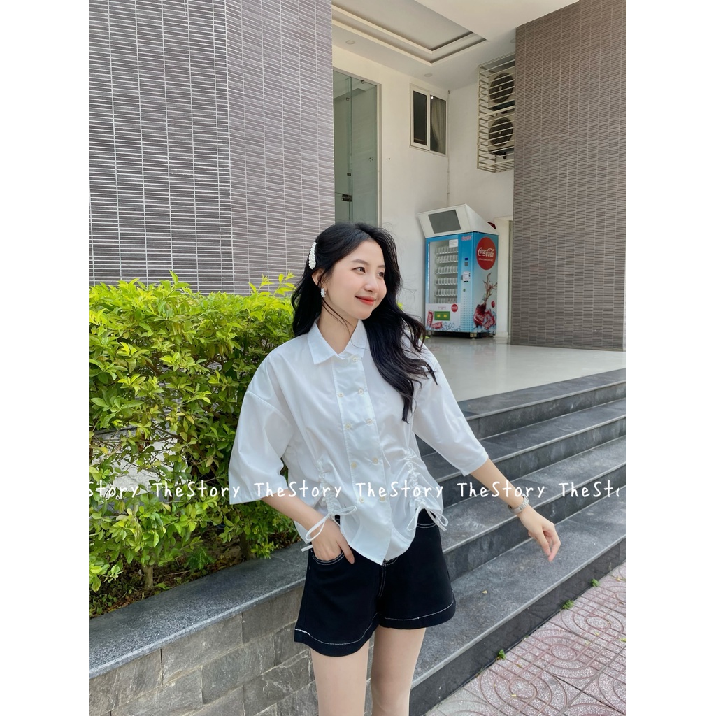 Áo sơ mi nữ tay ngắn rút dây  A2404