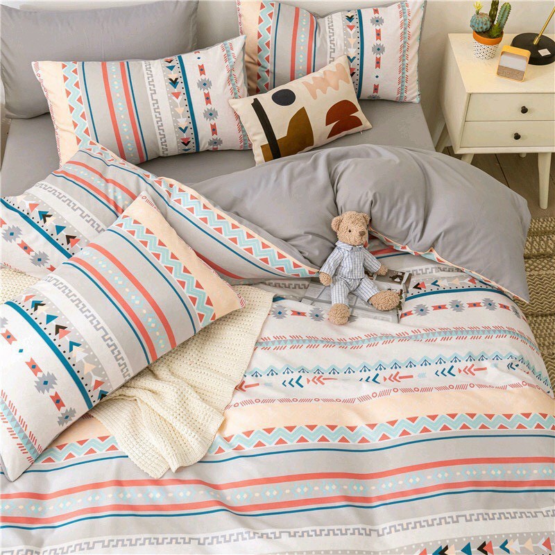 Bộ chăn ga Cotton poly Thổ cẩm trắng chăn ga nhập khẩu miễn phí bo chun
