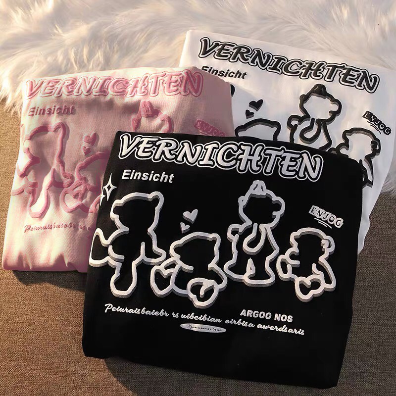 Áo phông nam nữ form rộng 2N Unisex thun cotton in Vernichten gấu trắng/hồng/đen