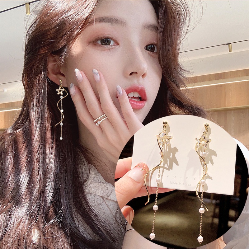 Bông Tai Mạ Bạc 925 Dáng Dài Đính Ngọc Trai Và Đá Zircon Phong Cách Hàn Quốc Mới