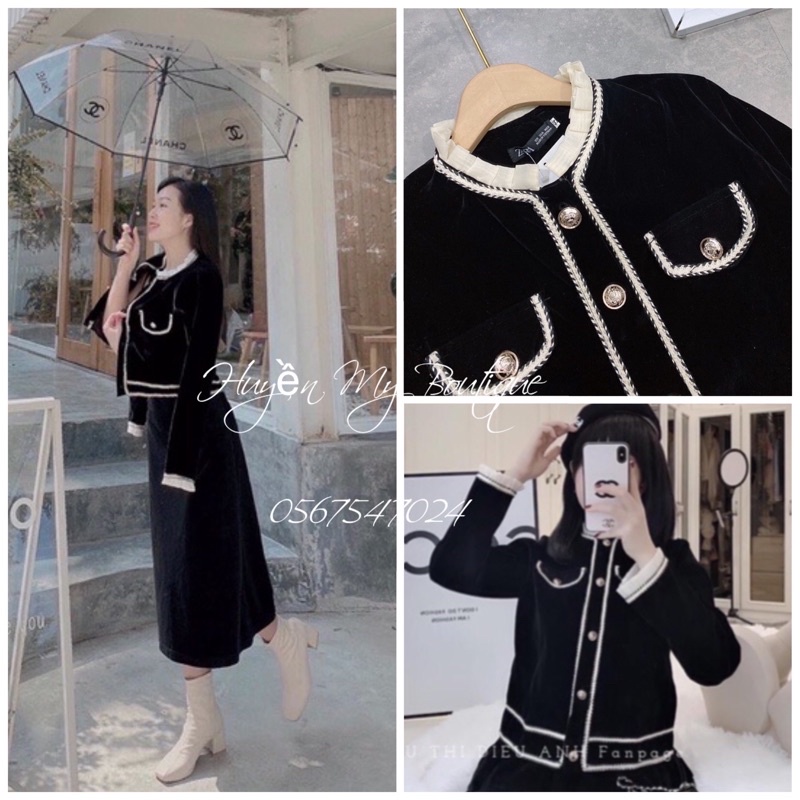 Áo khoác dạ Tweed nhung viền bèo tiểu thư sang chảnh