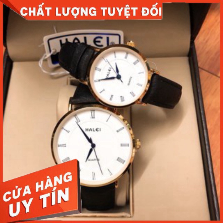 Đồng hồ đôi nam nữ dây da chính hãng Halei đeo tay cặp viền vàng chống nước thời trang - Hàng nhập khẩu