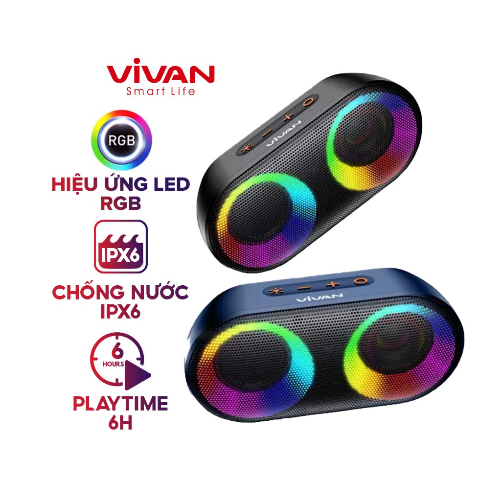 Loa Bluetooth ViVan VS16 10W Pin 1500mAh Chống Nước IPX6 Hiệu Ứng Đèn Đèn Led RGB