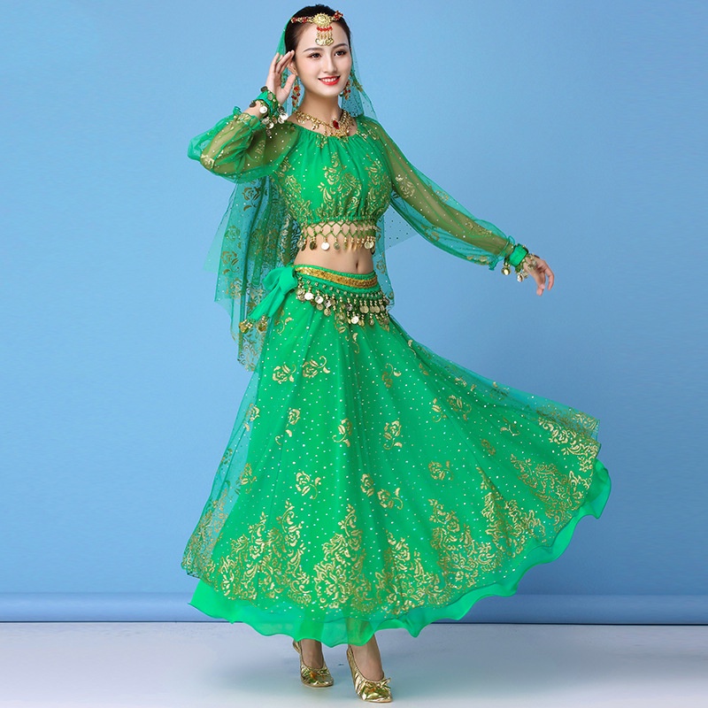 Đầm Bollywood Múa Bụng Ấn Độ Tay Dài Vải Voan Phối Thắt Lưng Xinh Xắn Cho Nữ