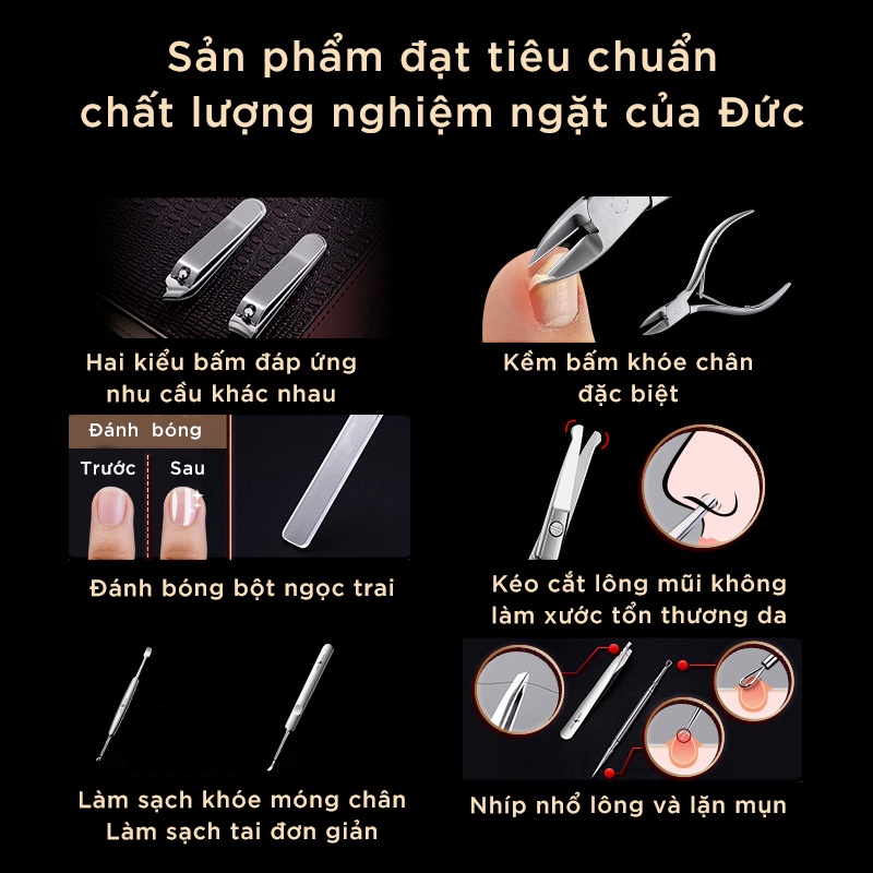 Bộ cắt móng tay cao cấp inox 420 kháng khuẩn, bấm móng tay siêu sắc bền bỉ bao da PU da cá sấu sang trọng HADU