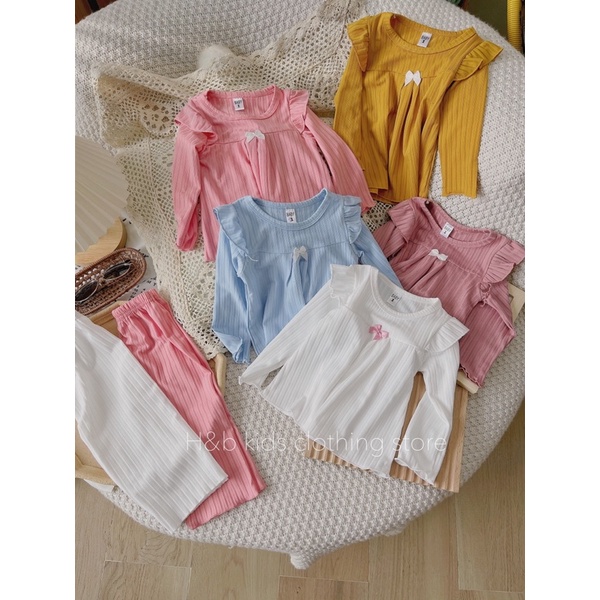 Bộ Dài Tay Chất Tăm Đũa Mềm Đính Nơ Cho Bé Gái 10-20kg