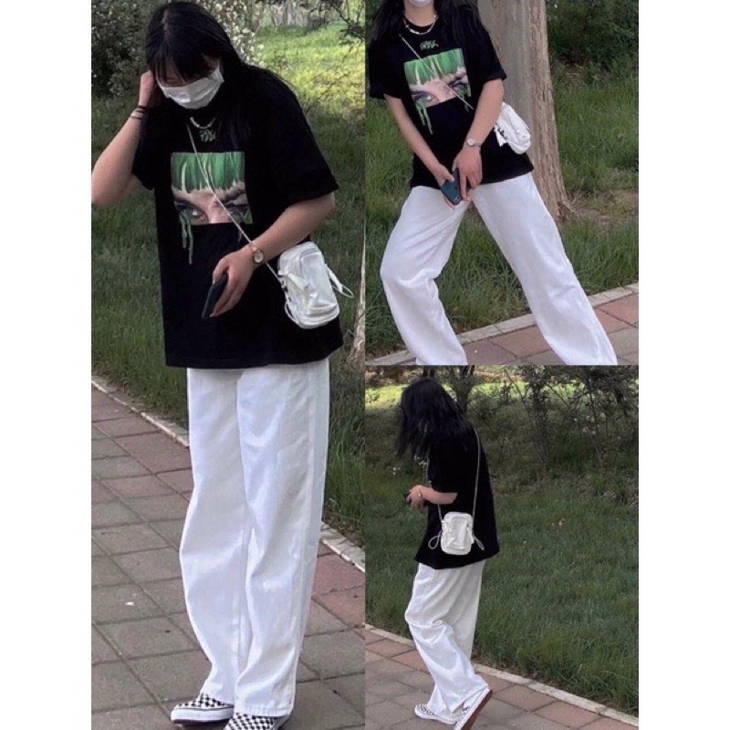 Set áo phông mắt cô gái quần kaki trắng TH6