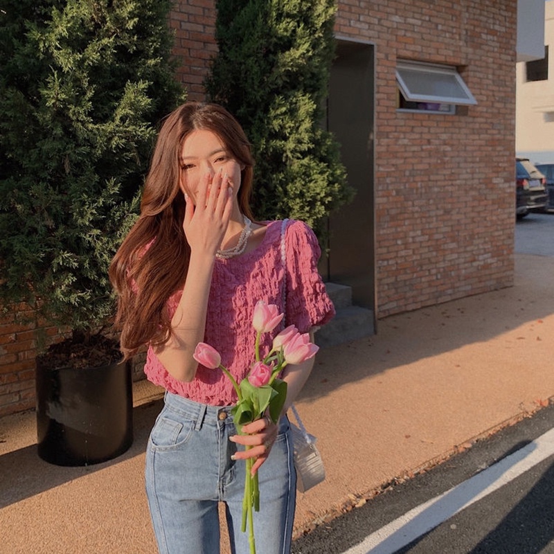 Áo kiểu IELGY vải chiffon ngắn tay thoải mái thiết kế họa tiết dễ thương cho nữ