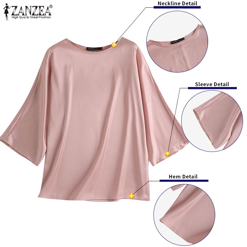 Zanzea Áo Sơ Mi Cổ Tròn Tay Lửng Vải Satin Thời Trang Công Sở Cho Bạn Gái