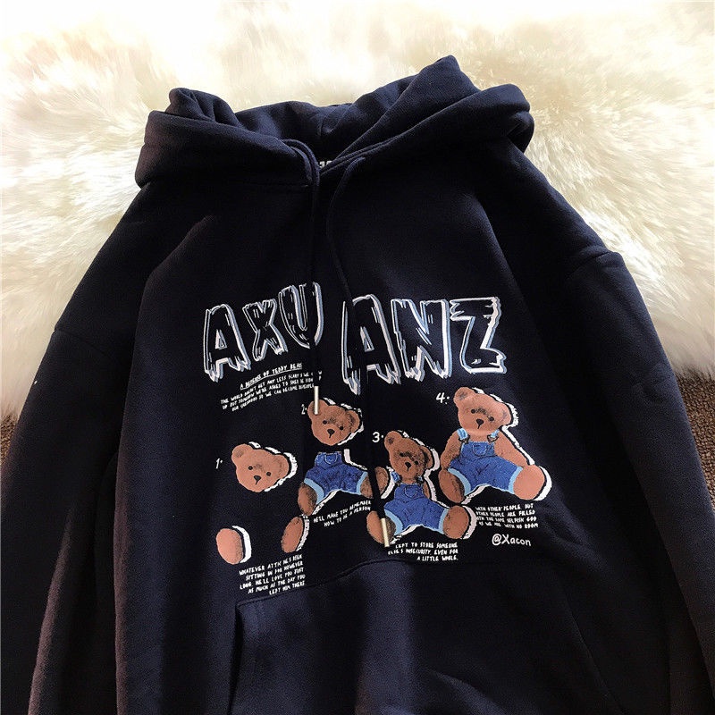 Áo Khoác Mùa Đông Lót Nhung Dày Dặn Dáng Rộng In Họa Tiết Gấu Nhỏ Phong Cách Hàn Quốc Thời Trang Cho Nữ