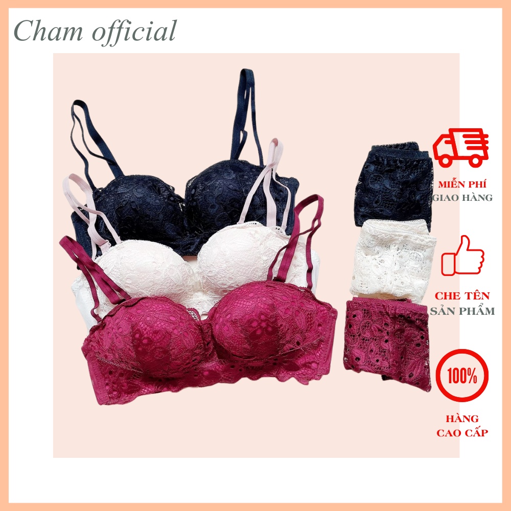 Bộ đồ lót nữ ren cao cấp CharmAiry Áo ngực không gọng quả ngang đệm nâng ngực bàn tay hoa nổi