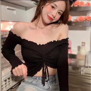 Áo croptop nữ tay dài trễ vai ôm sát body dây rút ngực thun gân trơn - Order taobao quảng châu